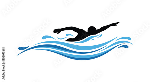 A stylized black silhouette of a swimmer in mid stroke above dynamically curved blue water waves high quality professional