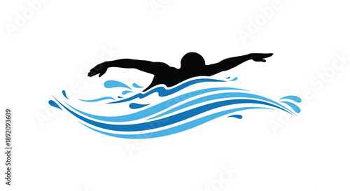 A stylized silhouette of a swimmer in motion cutting through vibrant blue water waves high quality professional detailed