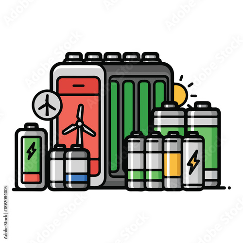 A colorful cartoon illustration of batteries and renewable energy sources