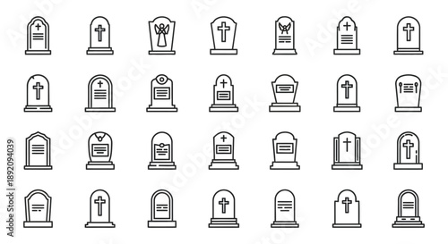 A collection of simple outlined tombstone and headstone icons arranged in a grid pattern on a white background