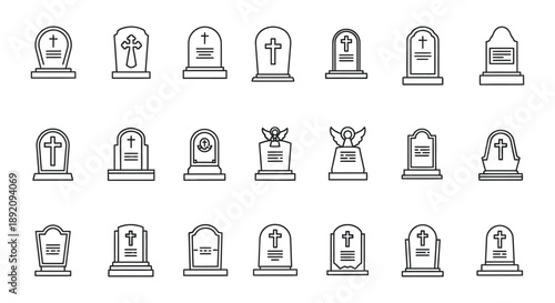 A collection of monochrome tombstone and grave icons depicting various shapes and religious symbols high quality professional detailed