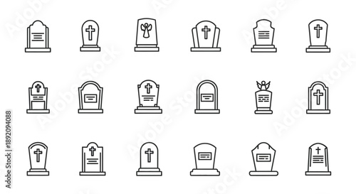 A collection of simple linear gravestone icons in varying styles representing remembrance and mortality high quality professional detailed