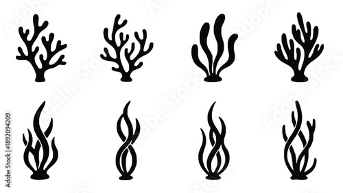 A collection of black coral and seaweed silhouettes on a white background