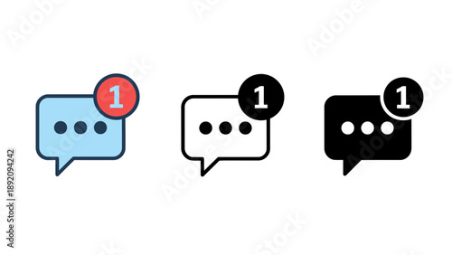 Three colorful chat bubble icons with notification alerts on a white background
