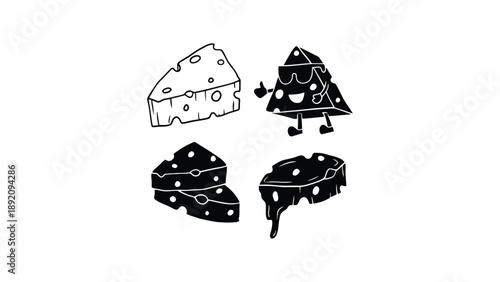 A cartoon illustration of various cheese wedges and slices in black and white
