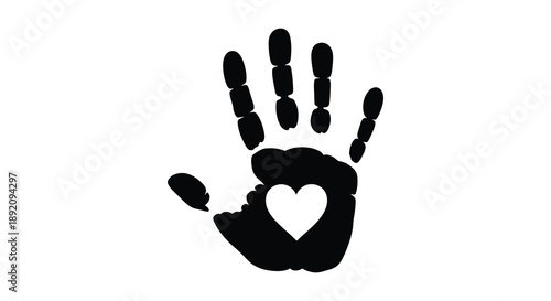 A stark black handprint features a white heart shaped cutout within the palm symbolizing love and connection high quality