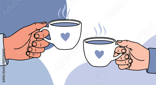 Hands holding hot coffee cups with hearts for romantic toast concept