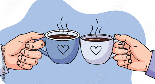 Two hands toasting coffee mugs with heart design in flat vector style