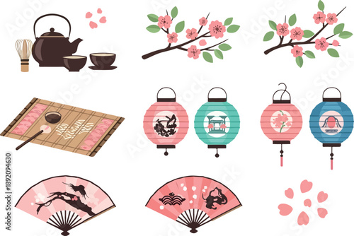 Japanese Cultural Icons Cherry Blossoms, Tea Ceremony, and Lanterns - A Visual Celebration of Traditional Artistry and Springtime Beauty