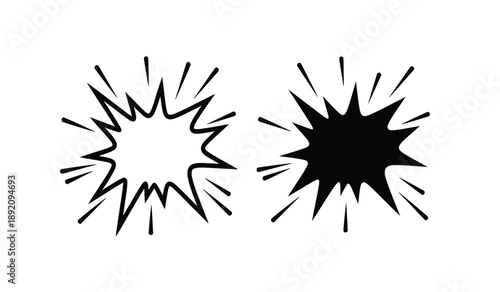 Black and white explosion burst shapes in comic book style for graphic design