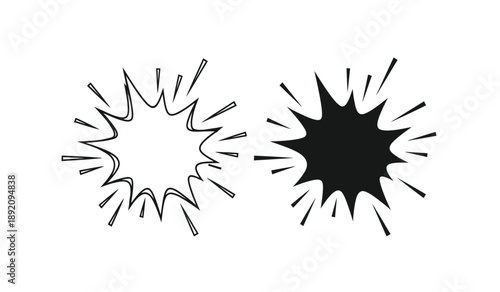 Two black and white explosion splat shapes with lines radiating outward