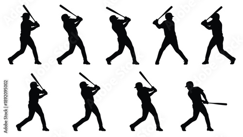 A baseball player swings a bat in various dynamic poses.