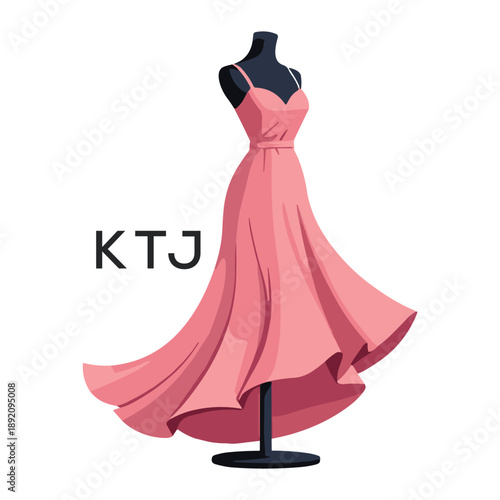 KTJ Elegant Pink Dress. KTJ Logo Design Fashion Boutique Branding. KTJ Clothing Brand Identity Illustration.

