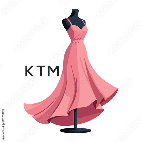 KTM Elegant Pink Dress. KTM Logo Design Fashion Boutique Branding. KTM Clothing Brand Identity Illustration.
