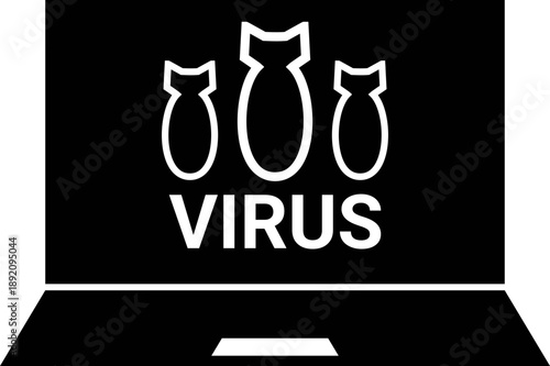 Malware Alert Icon Featuring Bomb Symbols and VIRUS Text on Computer Screen for Cybersecurity Threat Design
