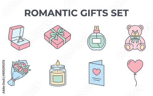 Charming vector illustrations showcasing essential romantic gifts for couples in love