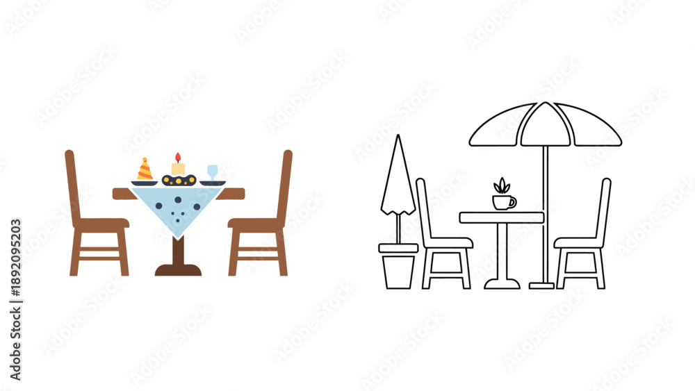 Fototapeta premium An illustration of two different outdoor dining settings with tables and chairs