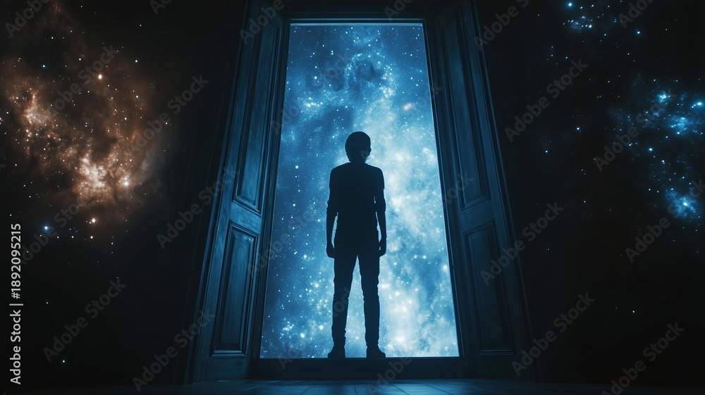 Fototapeta premium silhouette person standing at cosmic galaxy doorway universe space scene