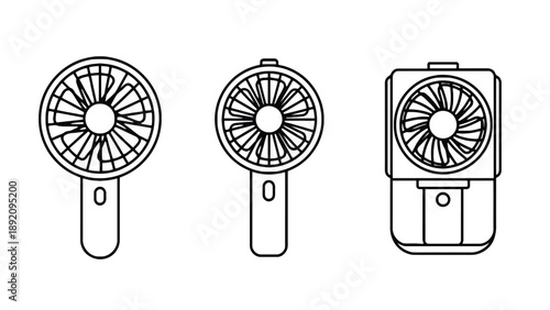 A line drawing of three portable handheld mini electric fans on white