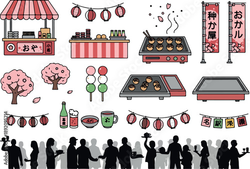 Festive Japanese Street Food Festival with People Enjoying Delicacies and Cherry Blossoms