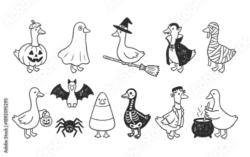 Delightful Flock of Ducks in Festive Halloween Outfits and Spooky Decorations