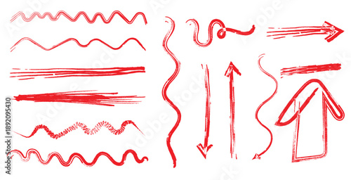 Red Grunge Brush Strokes Set, doodle shapes and sketch effects. Hand-Drawn Arrows and Lines on Transparent Background