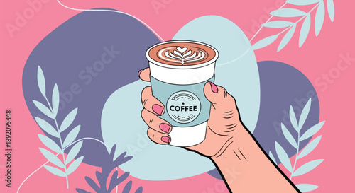 Hand holding takeaway coffee cup with latte art on abstract background