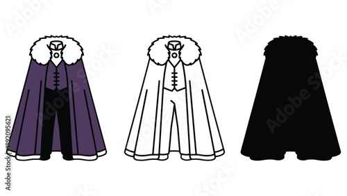 Three different colored cloaks with fur trim are shown side by side