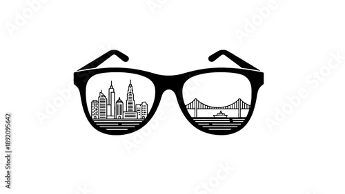 A pair of glasses with a cityscape and bridge reflected in the lenses