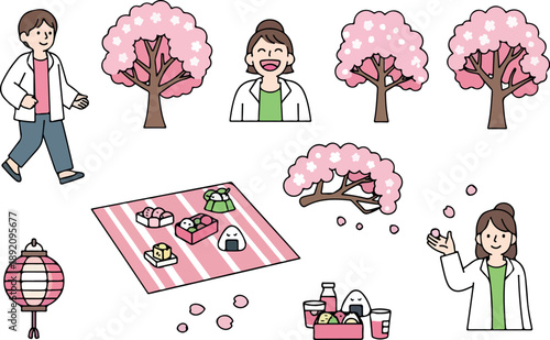 Hanami cherry blossom viewing picnic with people, food, and traditional Japanese elements like lanterns and bento boxes, celebrating springtime