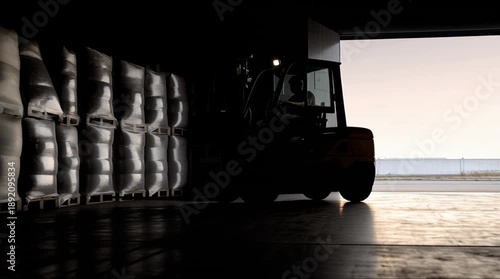 Silhouette of a Forklift Moving in a Warehouse with Open Doors.