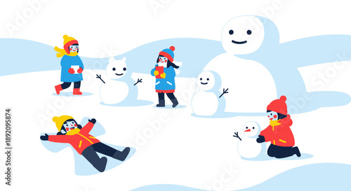 A charming flat design illustration depicts children playing joyfully in the snow amidst smaller, whimsical snow sculptures at the Sapporo Snow Festival. 