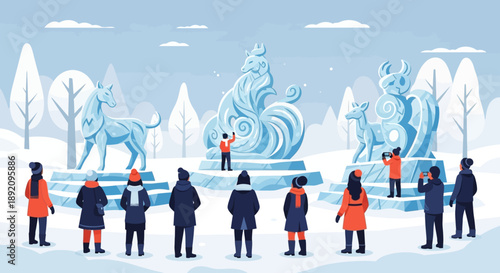 This flat design vector illustration portrays diverse festival-goers admiring beautifully intricate ice sculptures at the Sapporo Snow Festival, highlighting the delicate artistry of the event. The cl