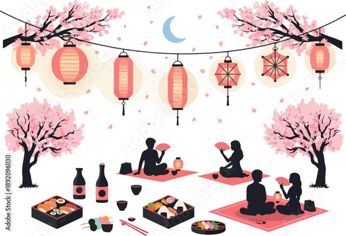 A charming Japanese picnic scene under cherry blossoms with lanterns and delicious food