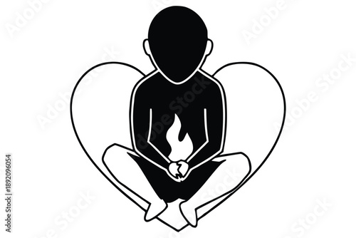 Black Silhouette Person Meditating with Flame in Lotus Position