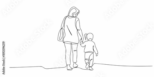 A mother and child walk hand in hand depicted in a continuous line drawing