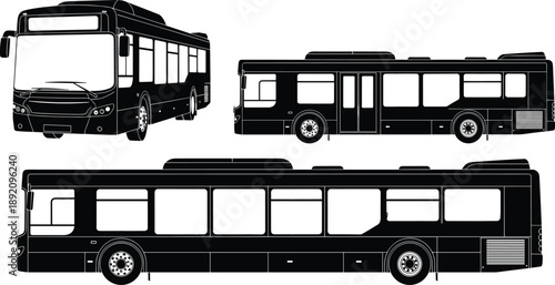 City bus vector silhouette collection with front and side views of public transport vehicles isolated on white background for transit design (Exactly 20 words)
