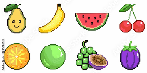 Pixelated illustration of various fruits arranged in a grid pattern