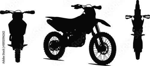 Dirt bike silhouette set, front, side, top views, black motorcycle graphic for off-road design, engineering, education, branding use