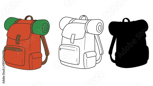 Three different colored backpacks with rolled up sleeping bags on top