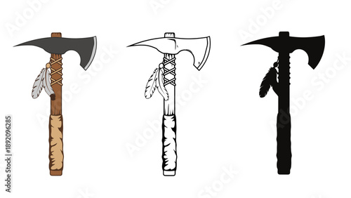 Three different colored tomahawks with feathers on a white background