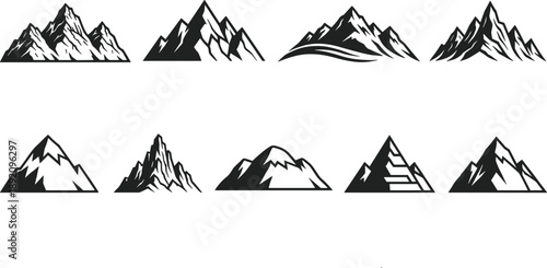 Mountain peak silhouette set, jagged and geometric styles, black and white outdoor nature graphic for design, logo, branding use