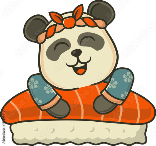 Retro panda chef character hugging salmon sushi japanese food
