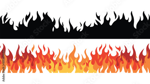 A graphic illustration of flames on a white background with black silhouette