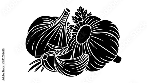 A black and white illustration of several garlic bulbs and cloves