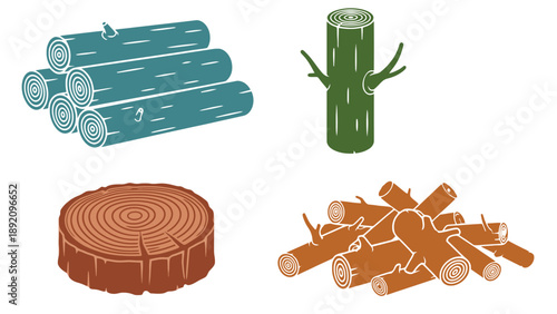 An illustration of various logs and tree trunks in different colors