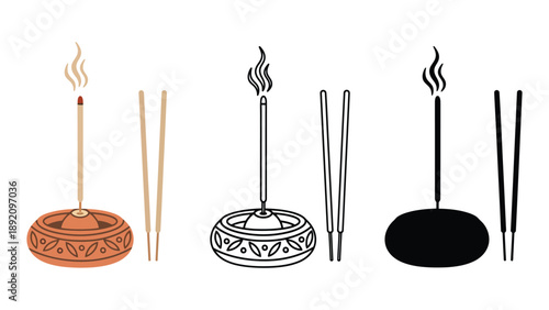 A set of colorful incense sticks and holders on a white background