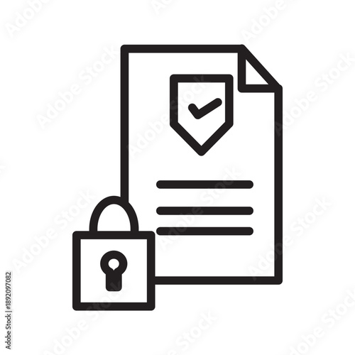 Line icon of a document with shield and padlock, representing data security, protected files, privacy, encryption, and confidential information management.