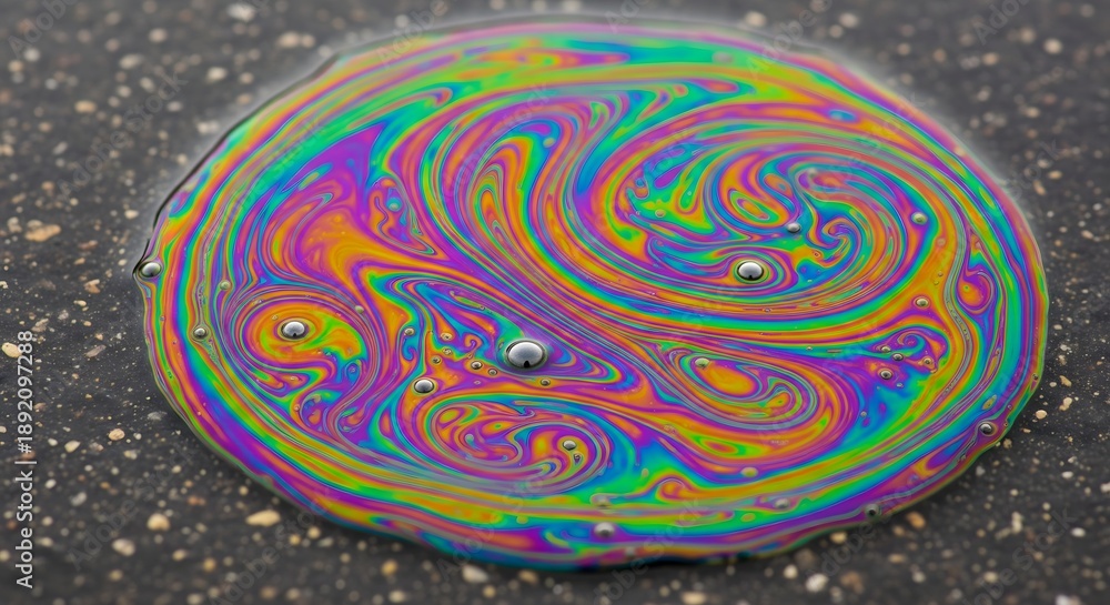 Fototapeta premium Vibrant rainbow colored oil slick on wet asphalt with swirling patterns and water droplets