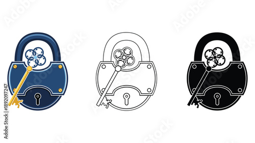 Three padlocks with keys and flowers on a white background